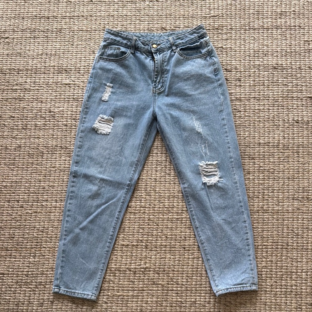 Light Blue Distressed Boyfriend Jeans Relaxed Fit